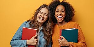 2 fröhliche Studentinnen mit Buch in der Hand